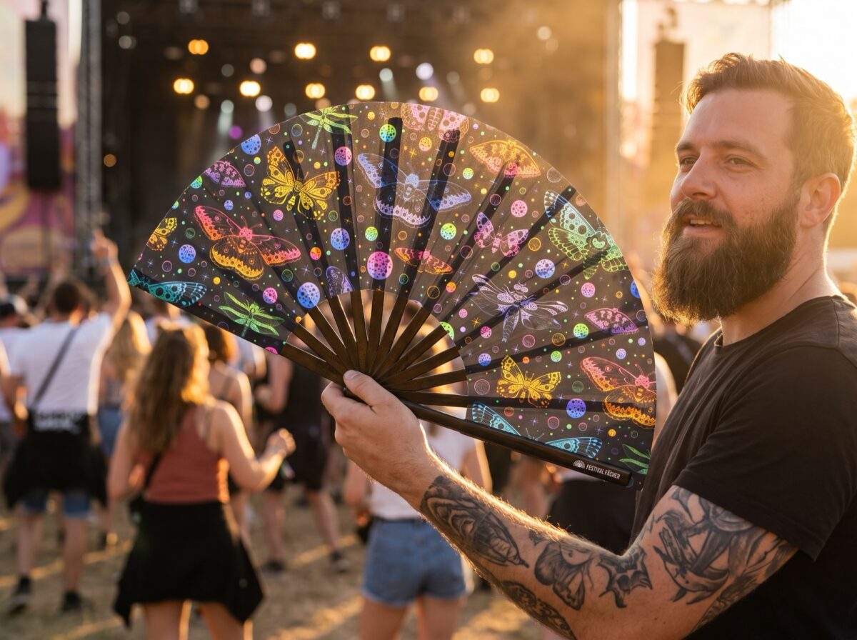Festival Fan met neonvlinders, zwart, voor Rave en blacklight, Weergave 3