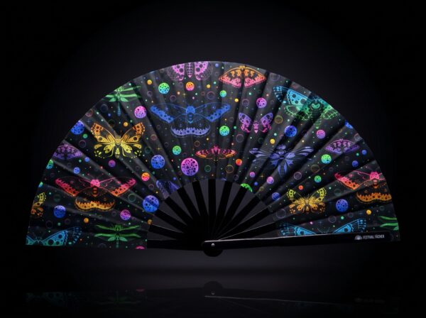 Festival Fan met neonvlinders, zwart, voor Rave en blacklight