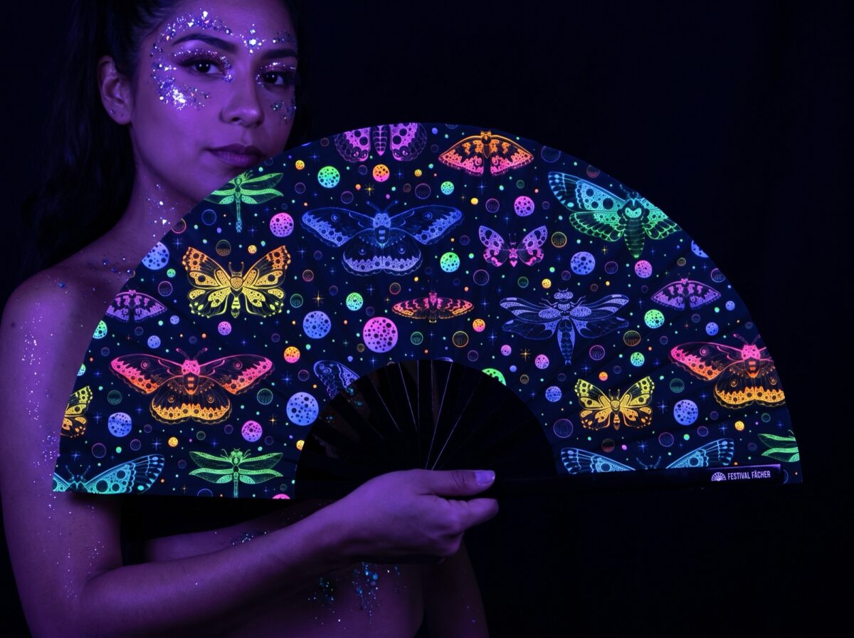 Festival Fan met neonvlinders, zwart, voor Rave en blacklight Rave (UV)