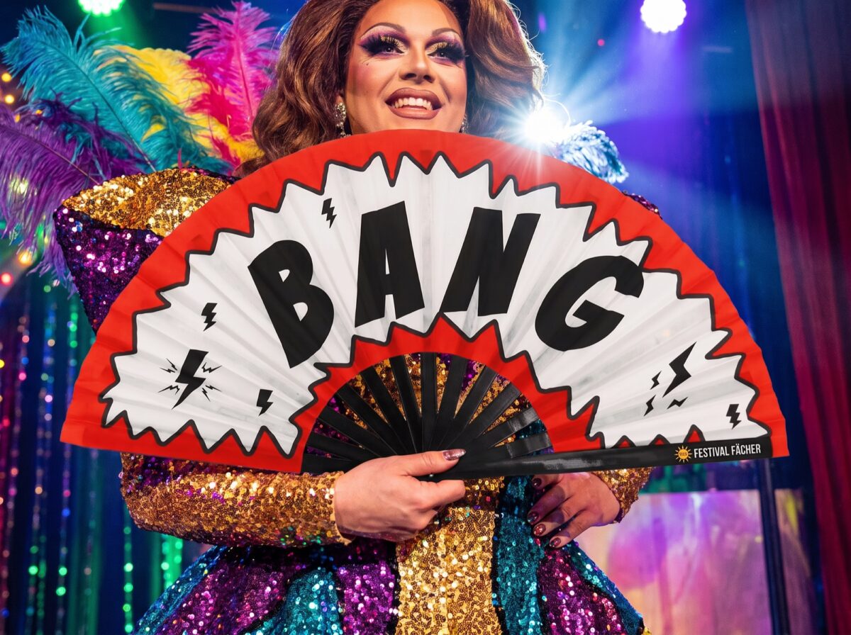 Festival Fan „BANG” comic in rood-wit, rave- en feestaccessoire, Weergave 5