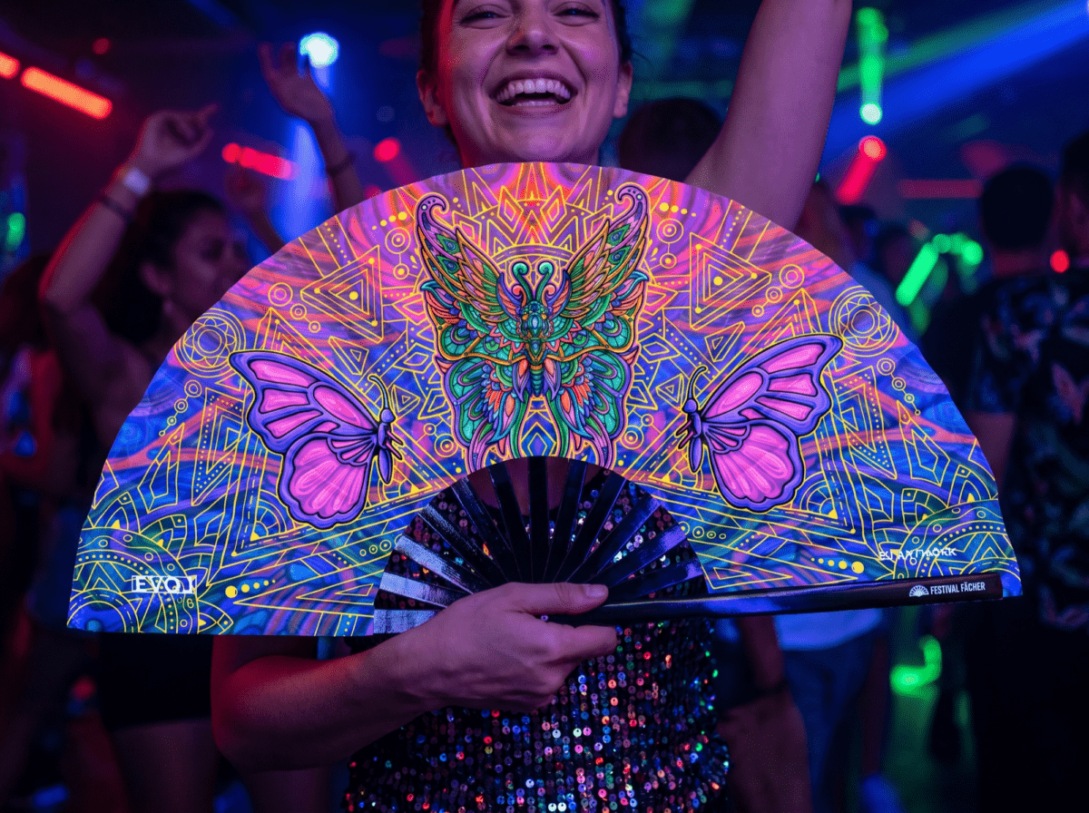 Festival Fan met vlinder-mandala, paars, voor psytrance & festivals, Weergave 2