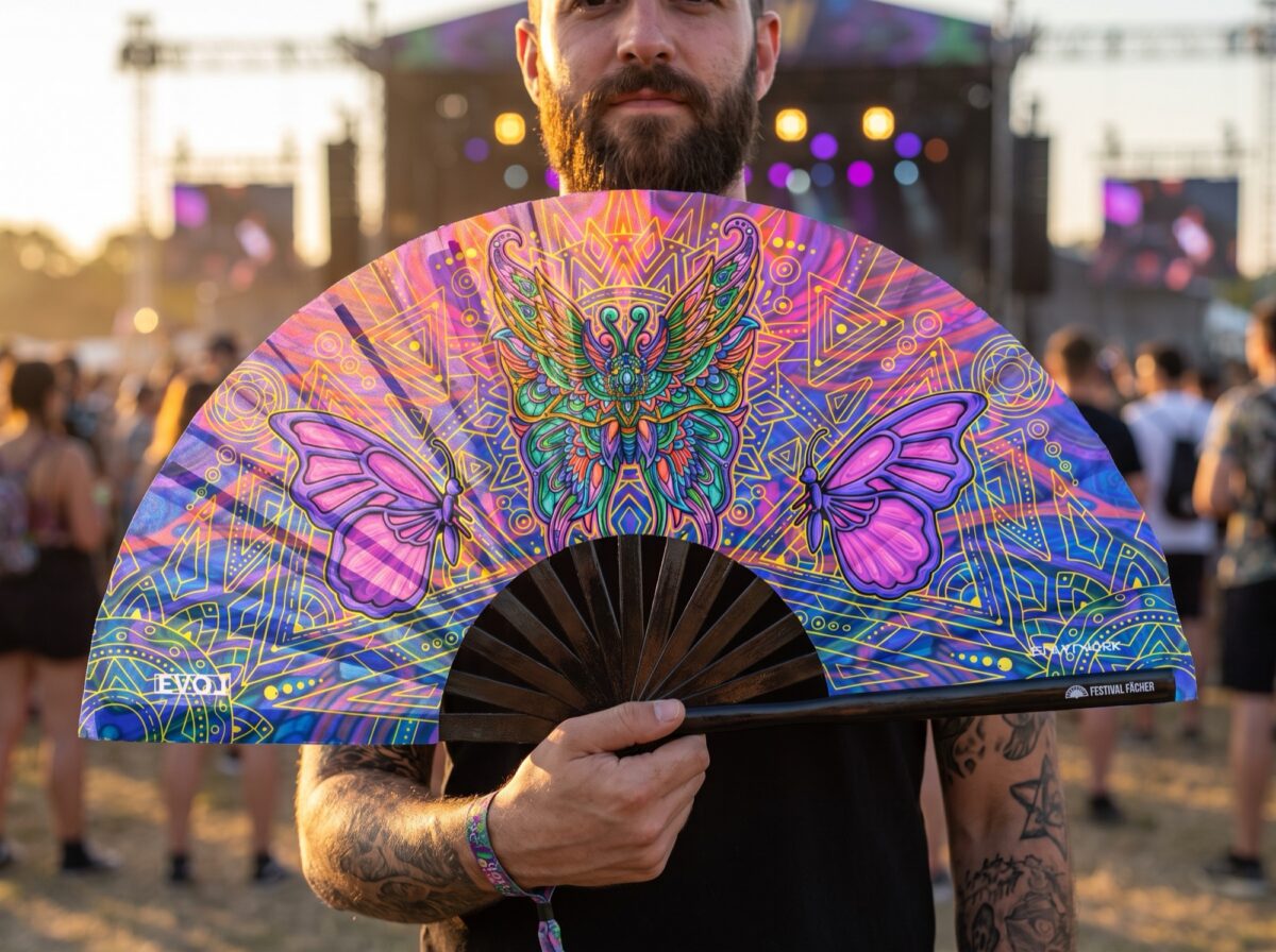 Festival Fan met vlinder-mandala, paars, voor psytrance & festivals, Weergave 3