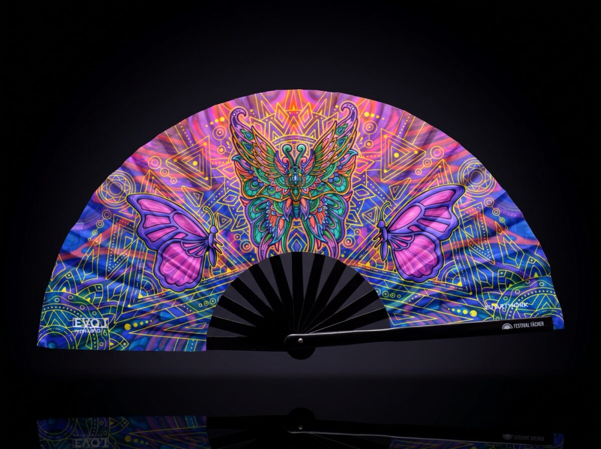Festival Fan met vlinder-mandala, paars, voor psytrance & festivals