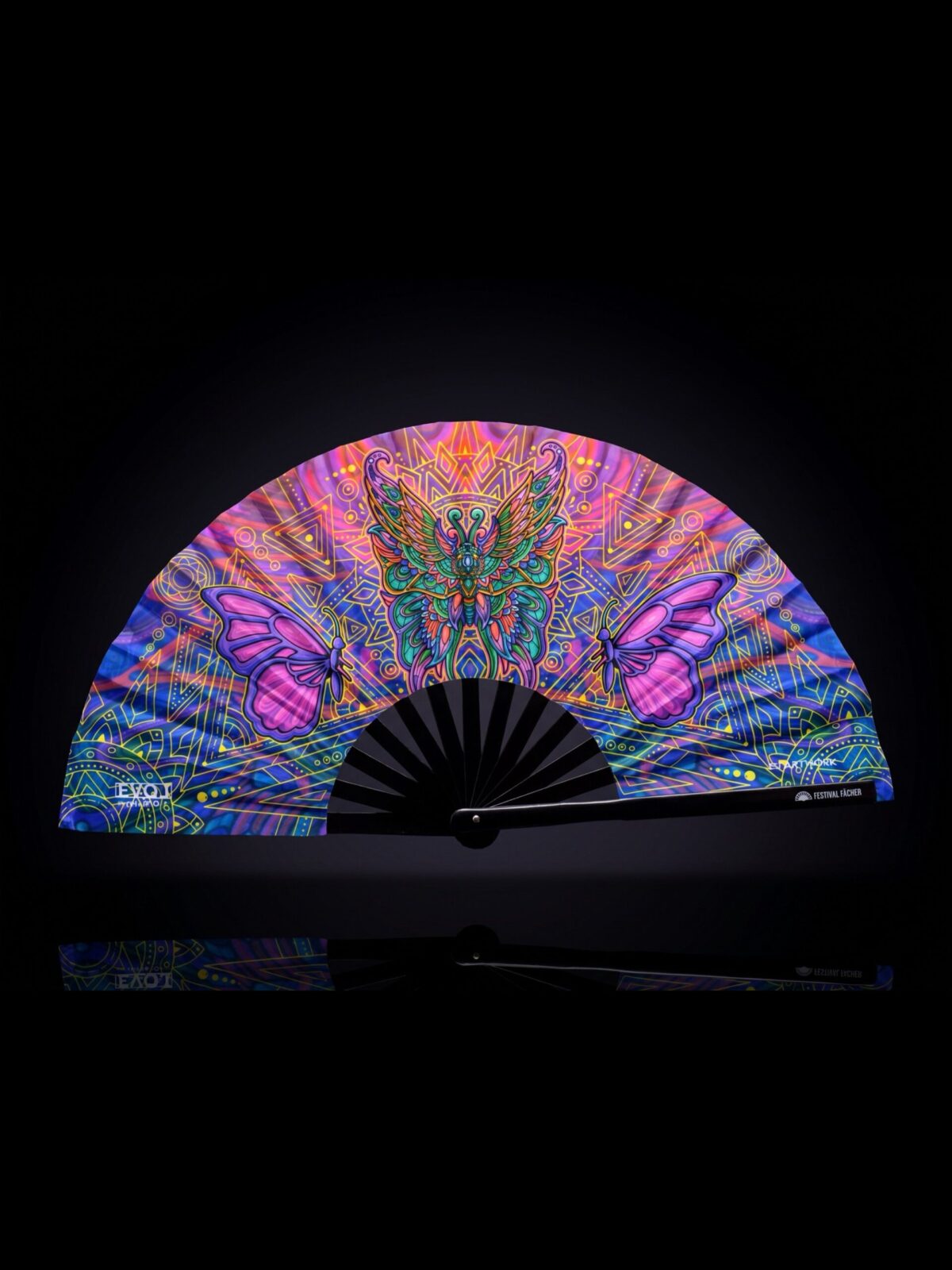 Festival Fan met vlinder-mandala, paars, voor psytrance & festivals