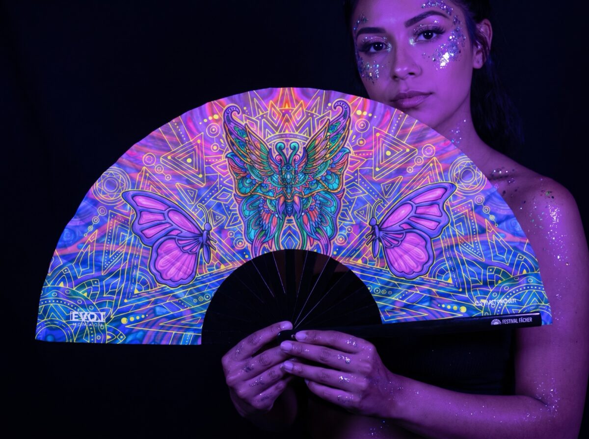 Festival Fan met vlinder-mandala, paars, voor psytrance & festivals Rave (UV)