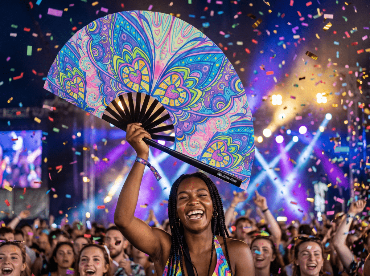 Festival Fan met vlinder-mandala in turkoois voor psytrance & Rave, Weergave 4