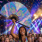 Festival Fan met vlinder-mandala in turkoois voor psytrance & Rave, Weergave 4