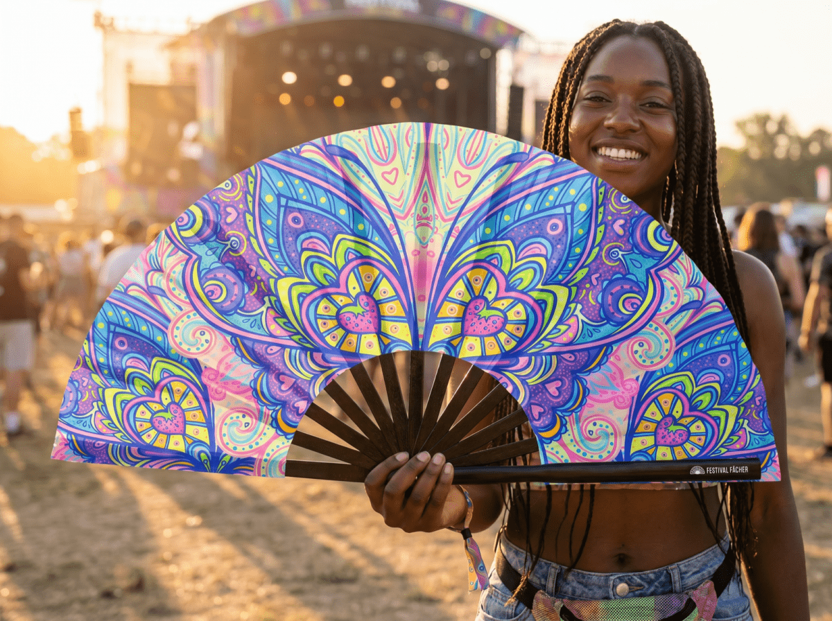 Festival Fan met vlinder-mandala in turkoois voor psytrance & Rave, Weergave 3