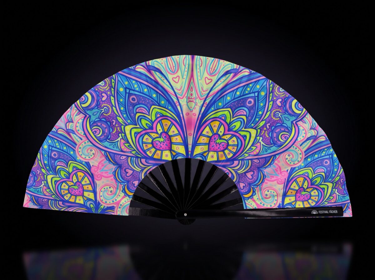 Festival Fan met vlinder-mandala in turkoois voor psytrance & Rave