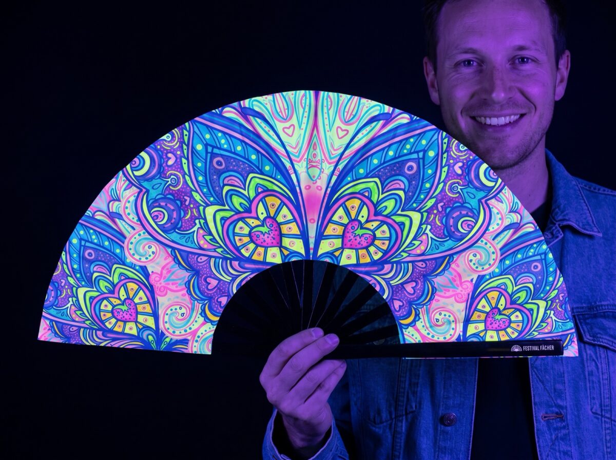 Festival Fan met vlinder-mandala in turkoois voor psytrance & Rave Rave (UV)
