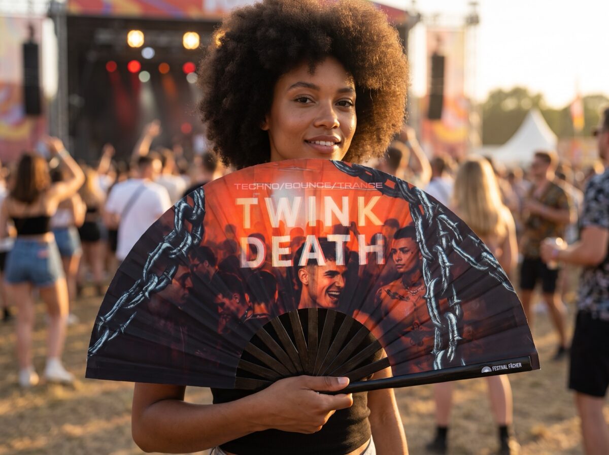 Festival Fan „TWINK DEATH“ Zwart voor Techno & Rave, Weergave 3