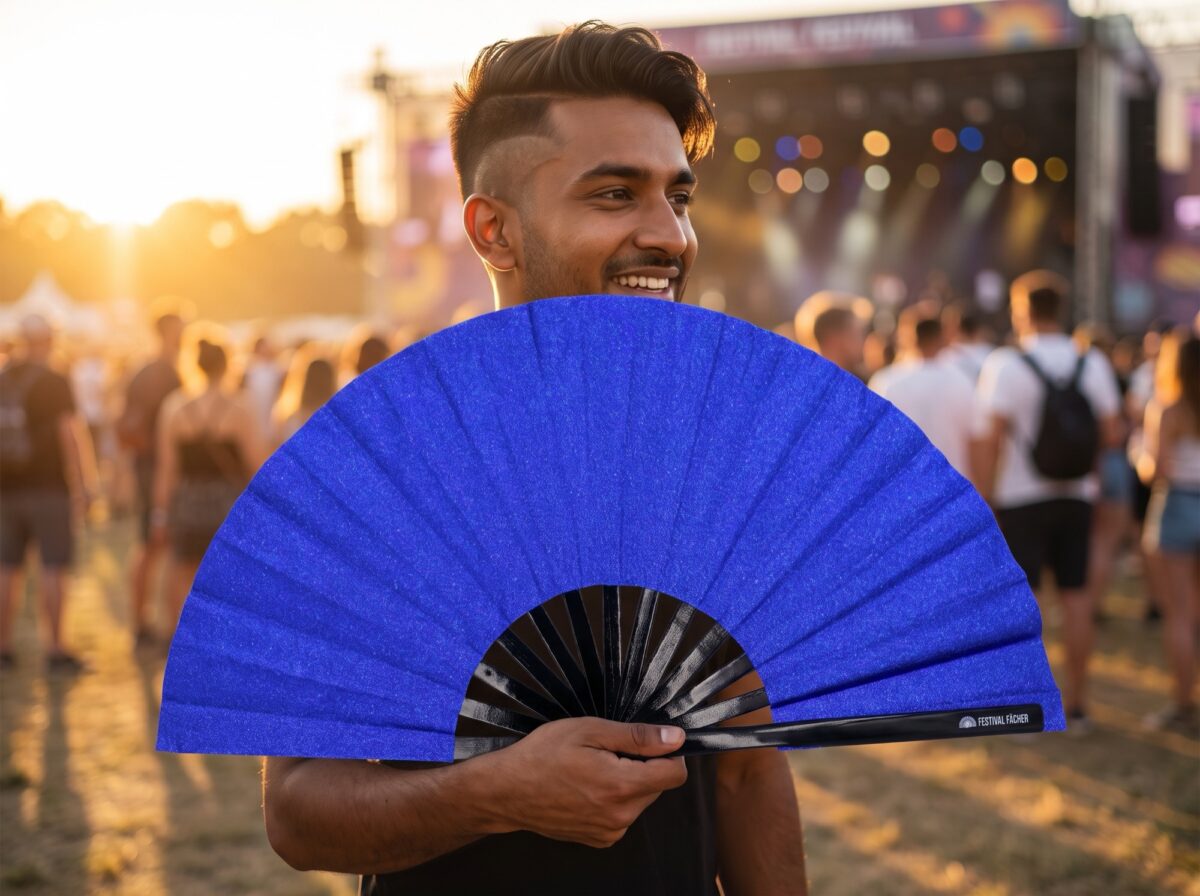 Festival Fan in koningsblauw met glitter voor festivals en feestjes, Weergave 3